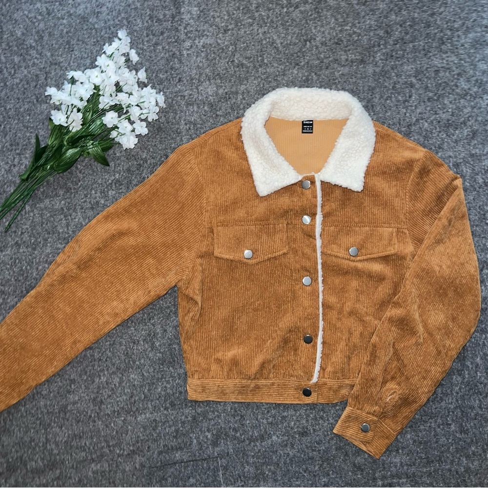 SHEIN Brown Corduroy Jacket with White Sherpa Collar